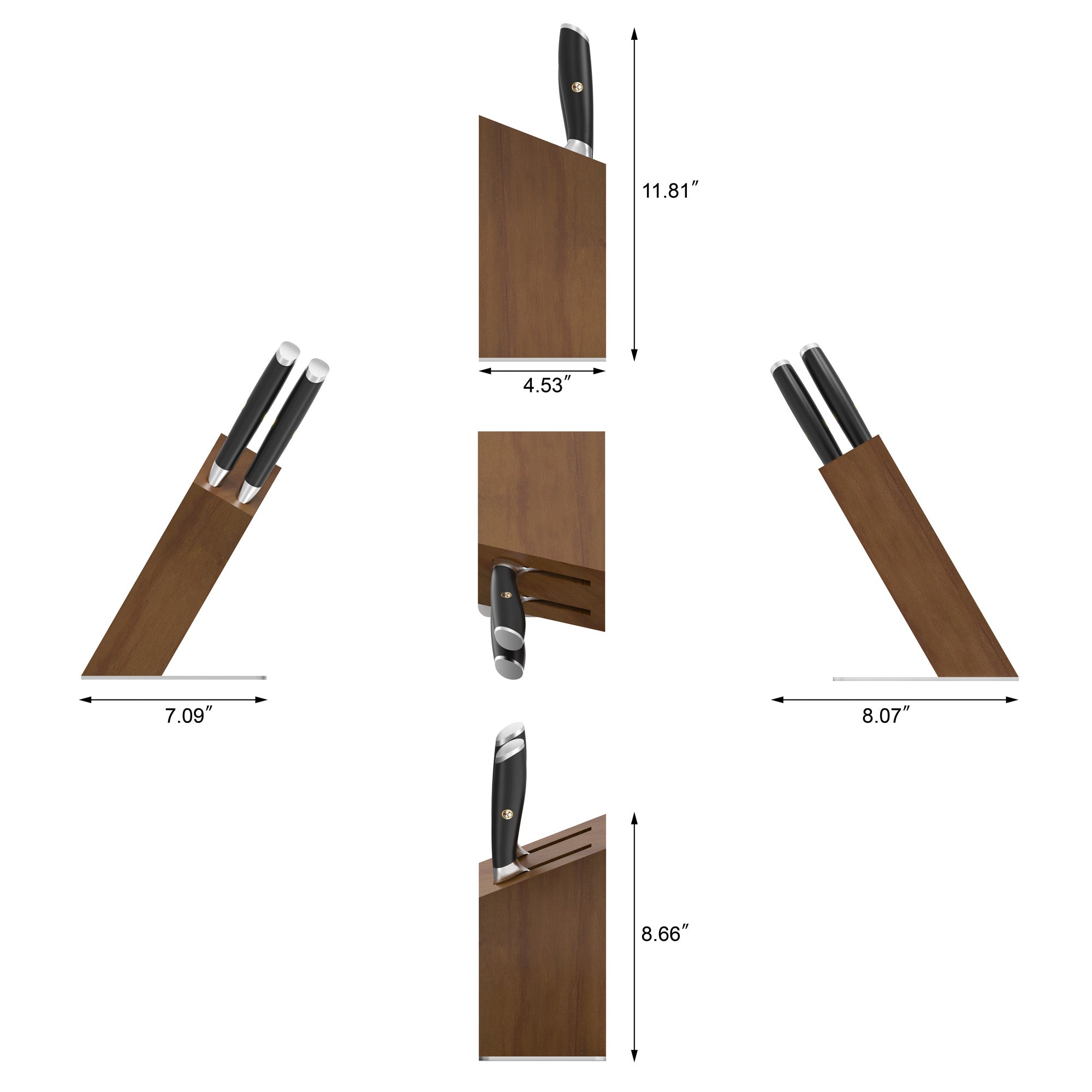 Wooden knife block holding three cleaver-style knives with black handles, shown from multiple angles with dimensions.