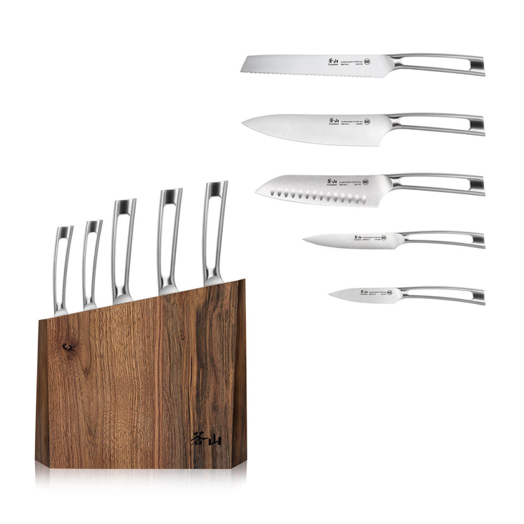 Six stainless steel knives with hollow handles displayed next to a wooden knife block with a natural grain finish.
