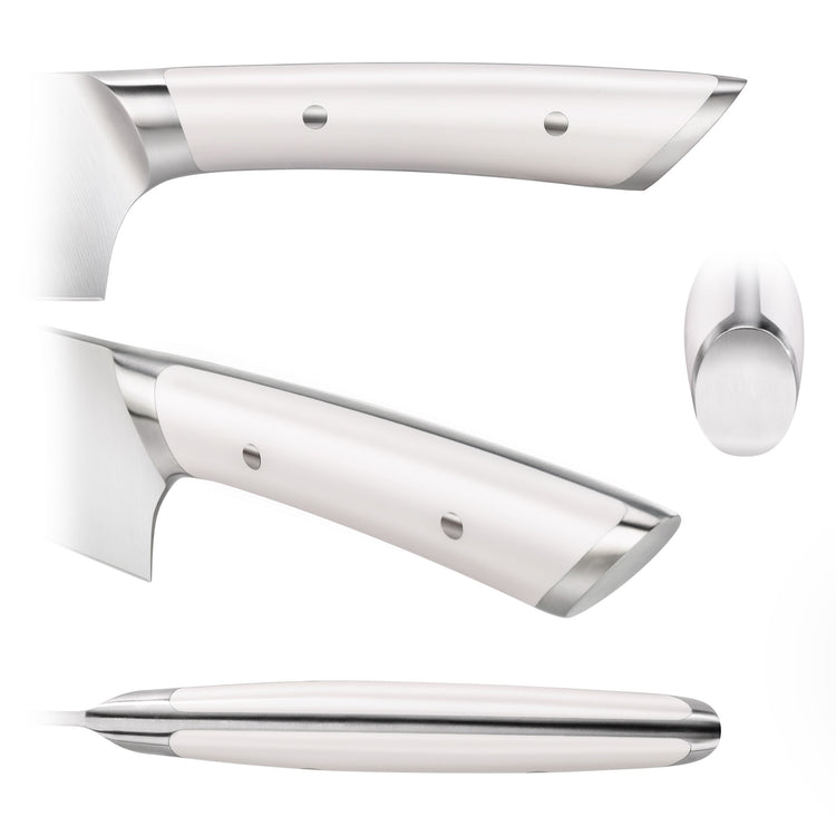White ergonomic knife handle with stainless steel bolsters and rivets shown from four angles.