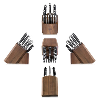 
                    
                      Five views of a wooden 17-piece knife block set, showing front, back, side, and top angles.
                    
                  