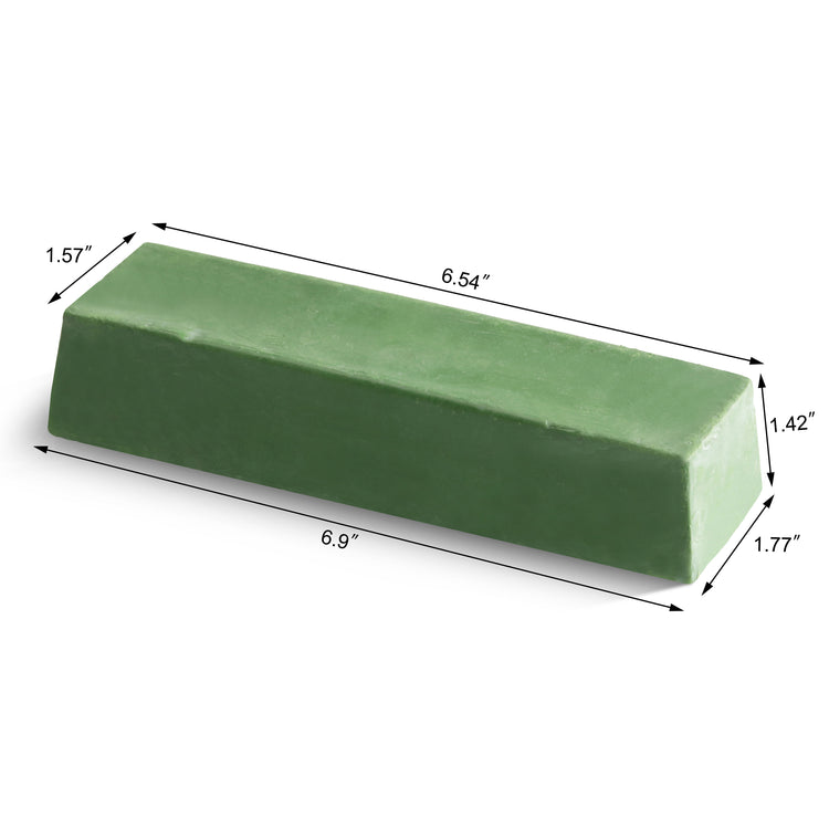 Green rectangular honing polish compound bar with trapezoidal cross-section and dimensions labeled in inches.
