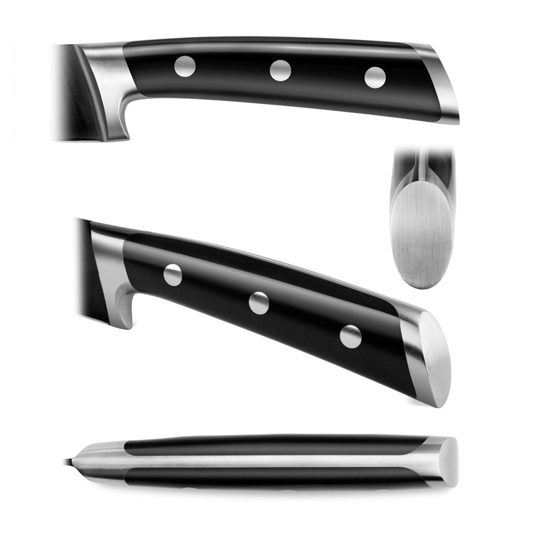 Black knife handle with three metal rivets shown from three angles: side, front, and top.