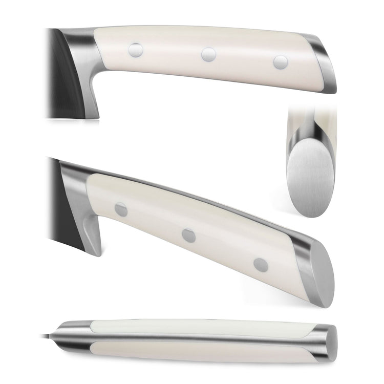 Handle of a kitchen knife with white grip and three rivets, shown from multiple angles on a white background.
