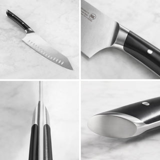 
                    
                      Santoku-style knife with black handle and stainless steel blade shown from multiple close-up angles.
                    
                  