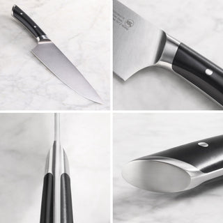 
                    
                      Chef knife with black handle and stainless steel blade shown from multiple angles on a marble surface.
                    
                  