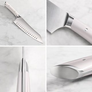 
                    
                      Close-up views of a stainless steel knife with a white handle, showing blade edge, handle joint, spine, and butt end.
                    
                  