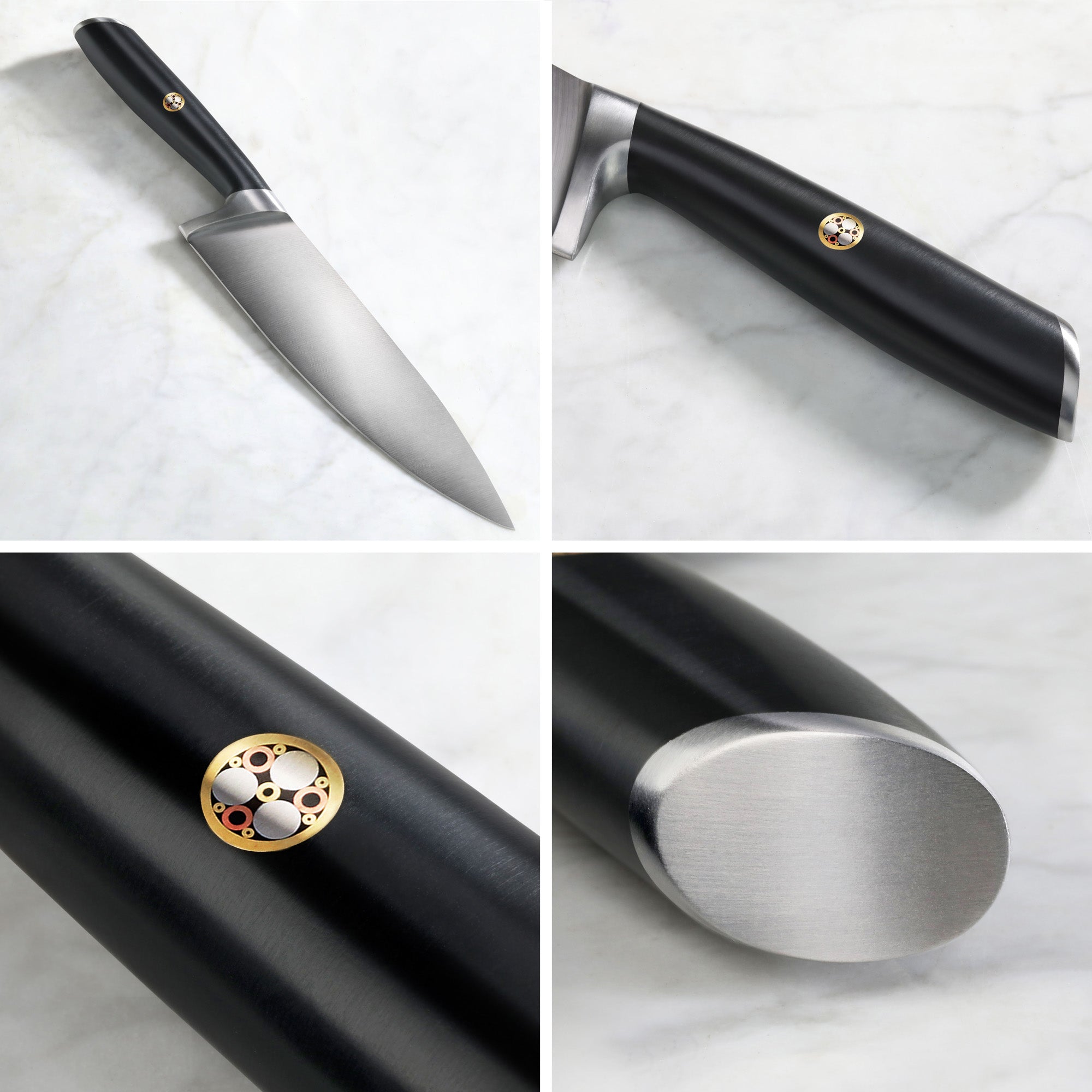 Santoku knife with black handle and stainless steel blade shown from multiple angles on a white surface.