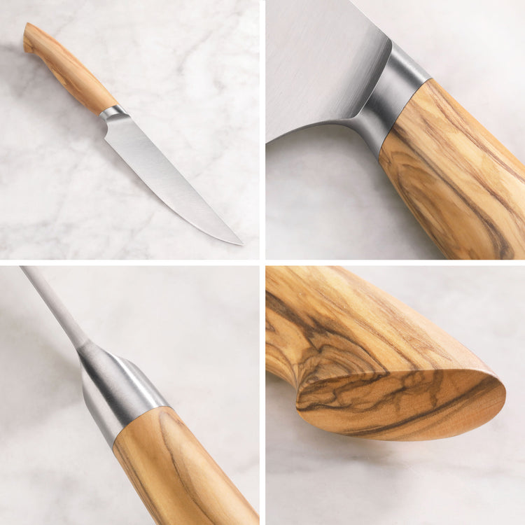 Steak knife with a stainless steel blade and an olivewood handle shown from multiple close-up angles.