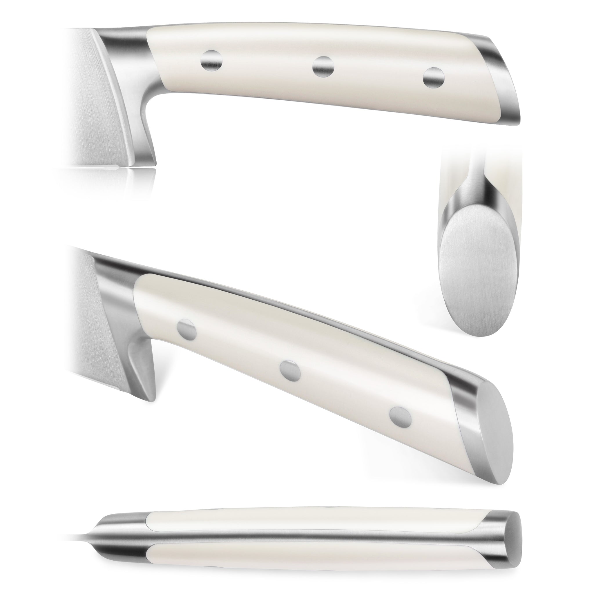Close-up views of a cleaver knife handle with white grip, three rivets, and stainless steel bolster and end cap.