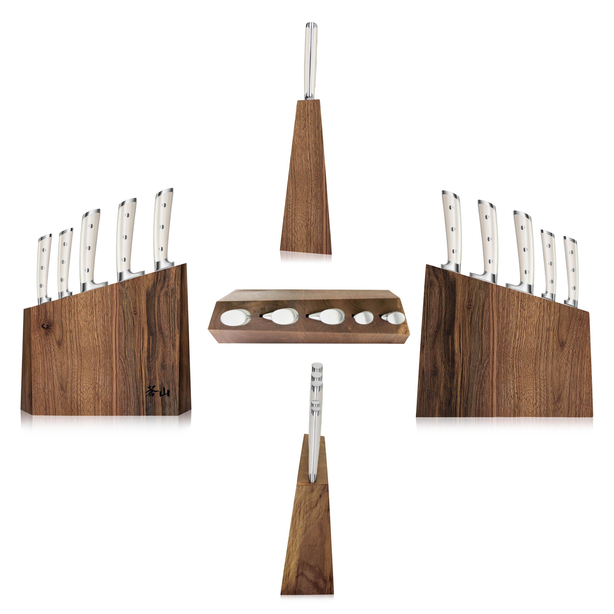 Three views of a wooden knife block set with six knives each, featuring white handles and a matching wooden sharpening steel.