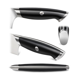 
                    
                      Black ergonomic knife handle with stainless steel accents and a circular logo, shown from four angles.
                    
                  