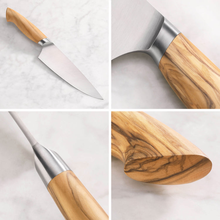 Chef's knife with a wooden handle and stainless steel blade shown in full and close-up views.