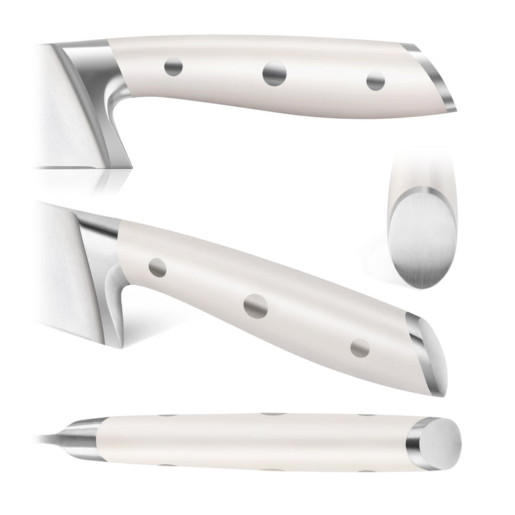 White knife handle with three metal rivets and a metal end cap shown from multiple angles.