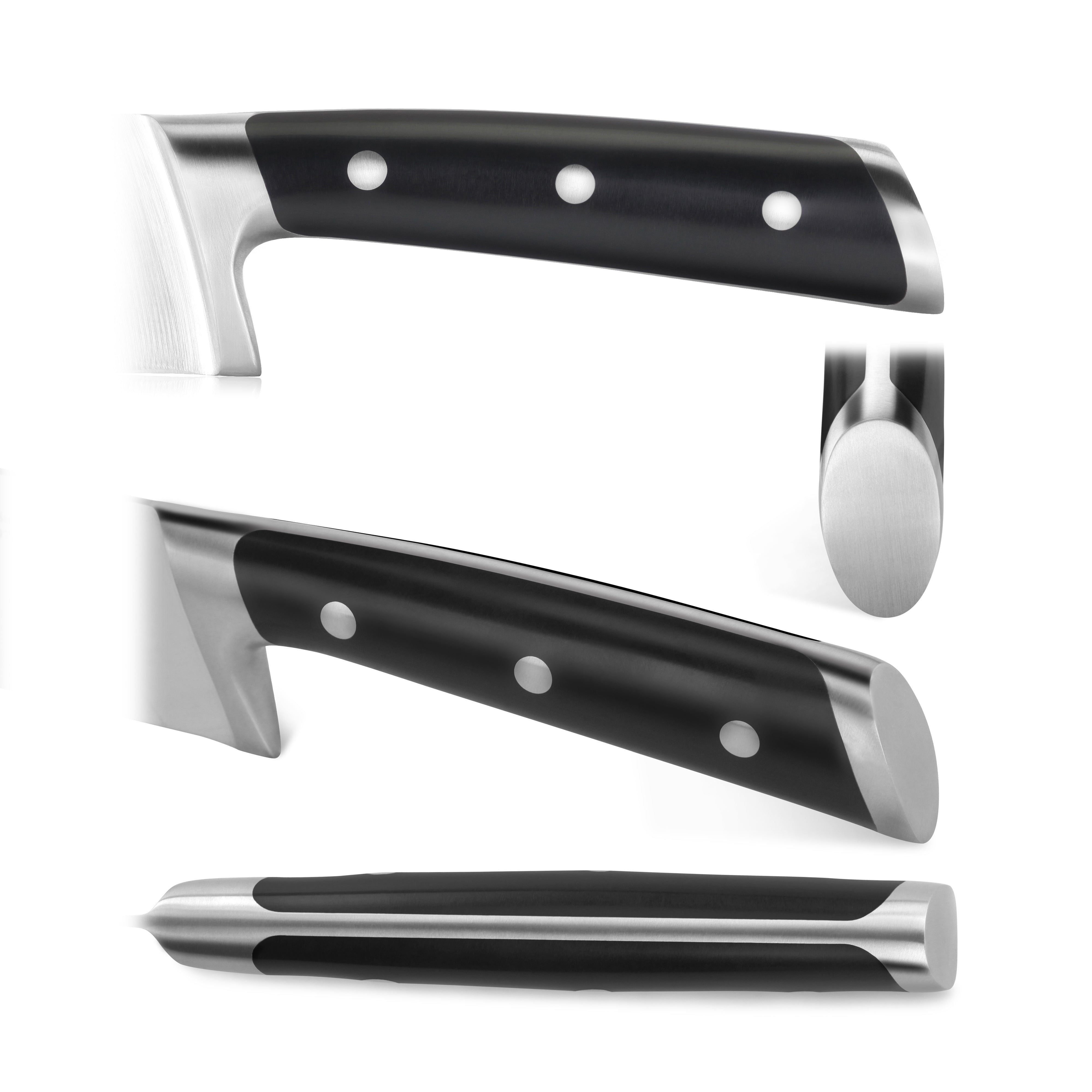 Black ergonomic knife handle with three metal rivets and stainless steel bolster and end cap shown from three angles.