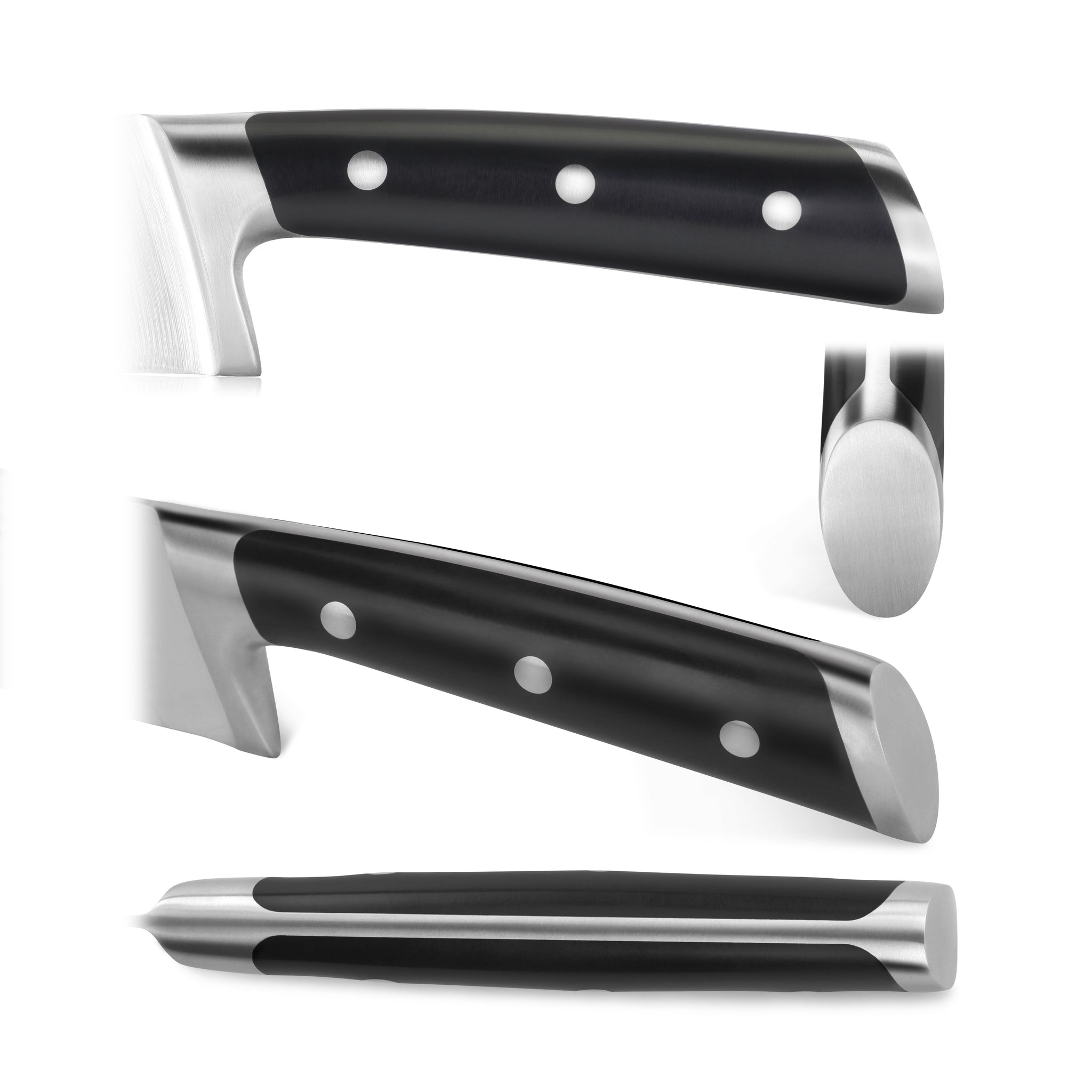 Black ergonomic knife handle with three metal rivets and stainless steel bolster and end cap shown from three angles.