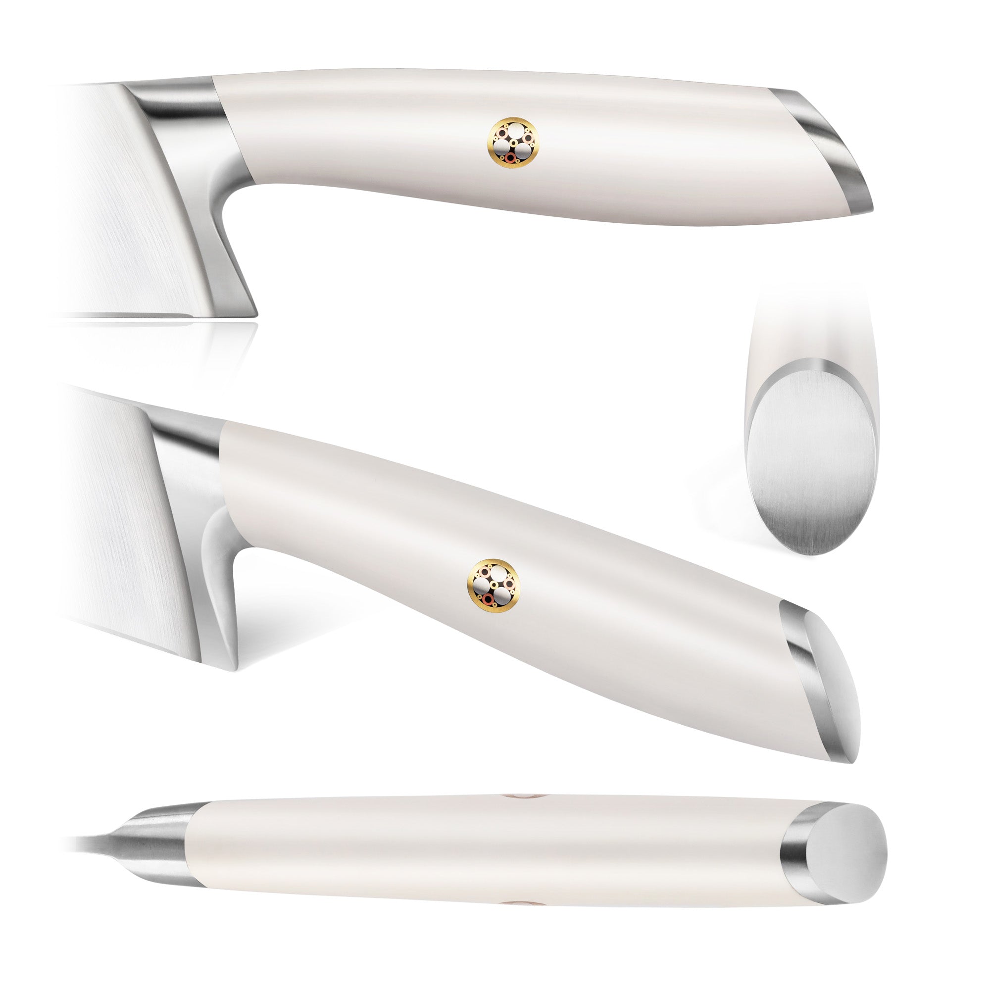 Handle of a cleaver knife with a white ergonomic grip, metal accents, and a decorative emblem on the side.