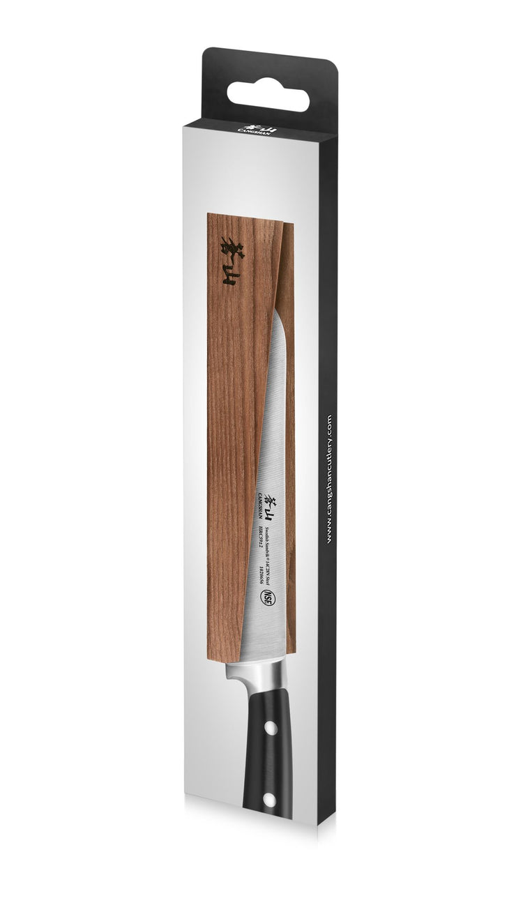 Solid ash wood magnetic knife sheath covering the blade of a kitchen knife with a black handle.
