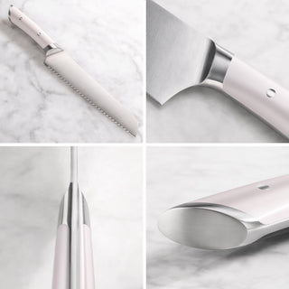 
                    
                      8-inch serrated bread knife with white handle and stainless steel blade shown from multiple close-up angles.
                    
                  