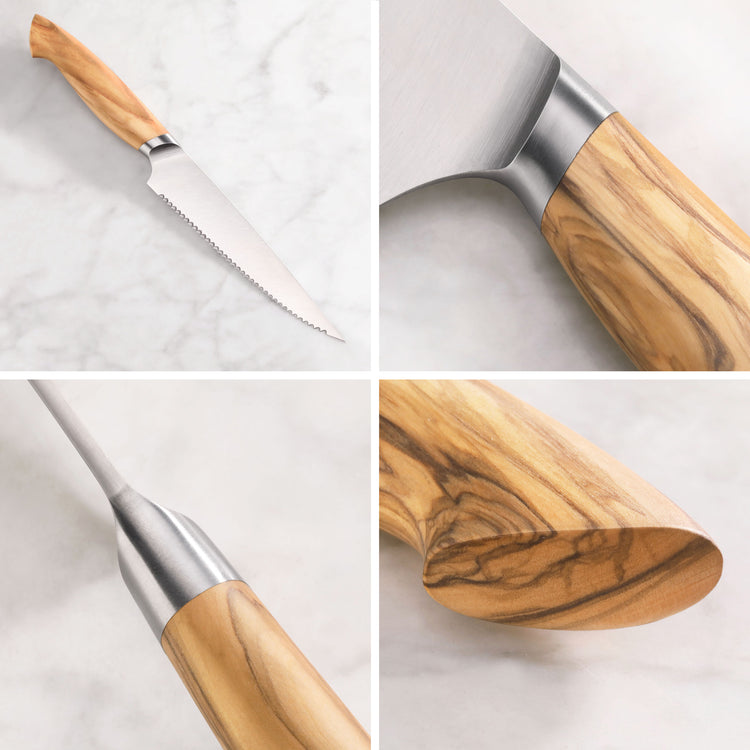 OLIV Series serrated utility knife with olivewood handle and forged Swedish 14C28N steel blade, shown in four close-up views.