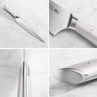 
                    
                      Stainless steel carving knife with white handle shown from multiple angles on a marble surface.
                    
                  