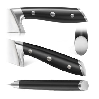 
                    
                      Black paring knife handle with three metal rivets and stainless steel bolster and end cap shown from multiple angles.
                    
                  