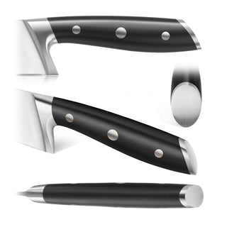 
                    
                      Close-up views of a knife handle with black grip and three metal rivets, shown from side, top, and end angles.
                    
                  