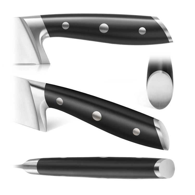 Close-up views of a knife handle with black grip and three metal rivets, shown from side, top, and end angles.