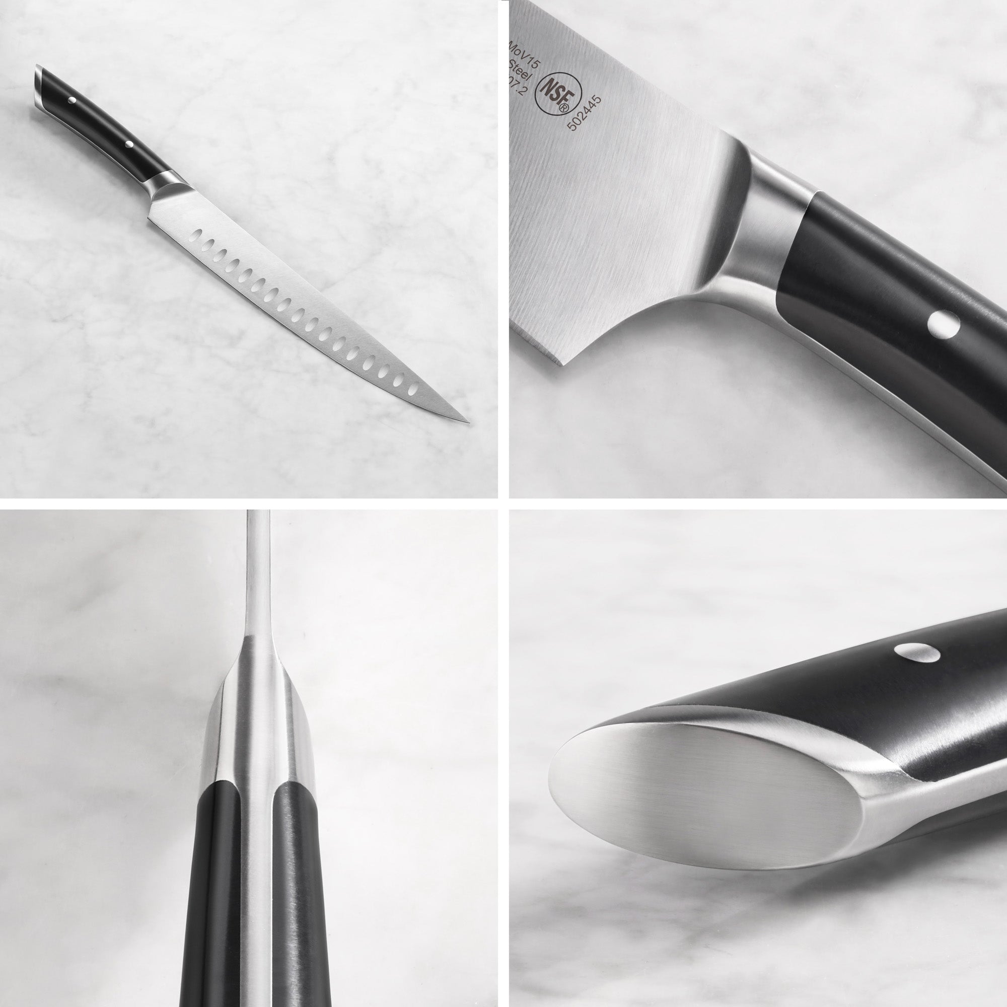 Carving knife with black handle and stainless steel blade shown from multiple close-up angles on a light surface.