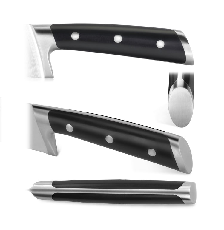 Black handle of a knife with three metal rivets and a stainless steel bolster, shown from three angles.