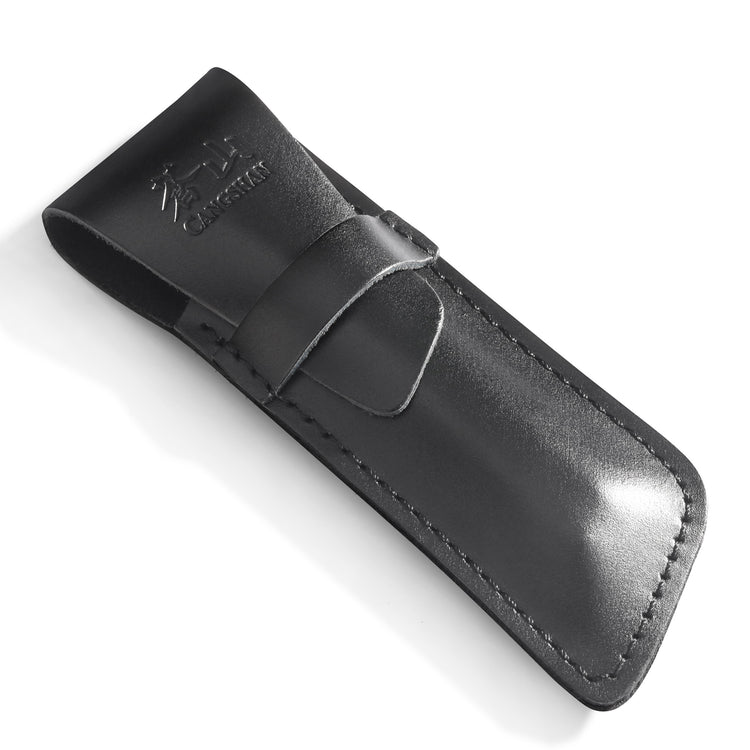 Black leather sheath with belt loop and stitched edges for a folding knife.