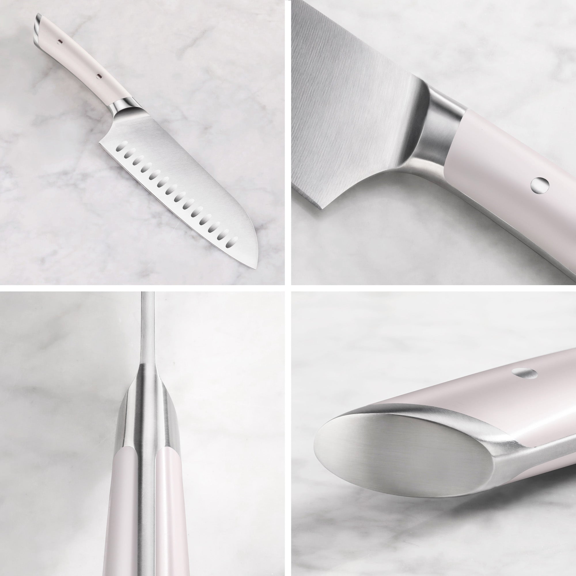 Santoku knife with white handle and stainless steel blade shown from multiple close-up angles on a marble surface.