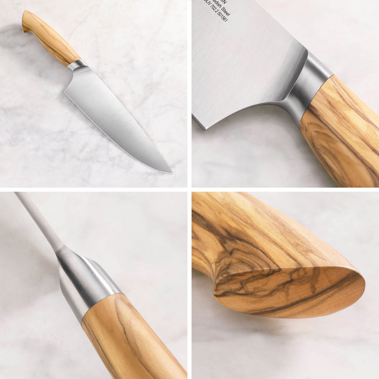 Chef knife with a stainless steel blade and an olivewood handle shown from multiple angles on a marble surface.