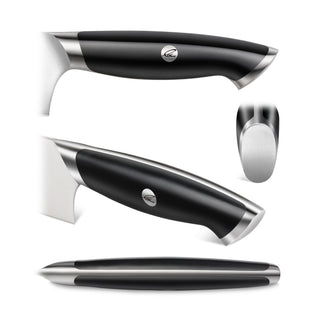 
                    
                      Black ergonomic knife handle with stainless steel accents and a circular logo, shown from multiple angles.
                    
                  