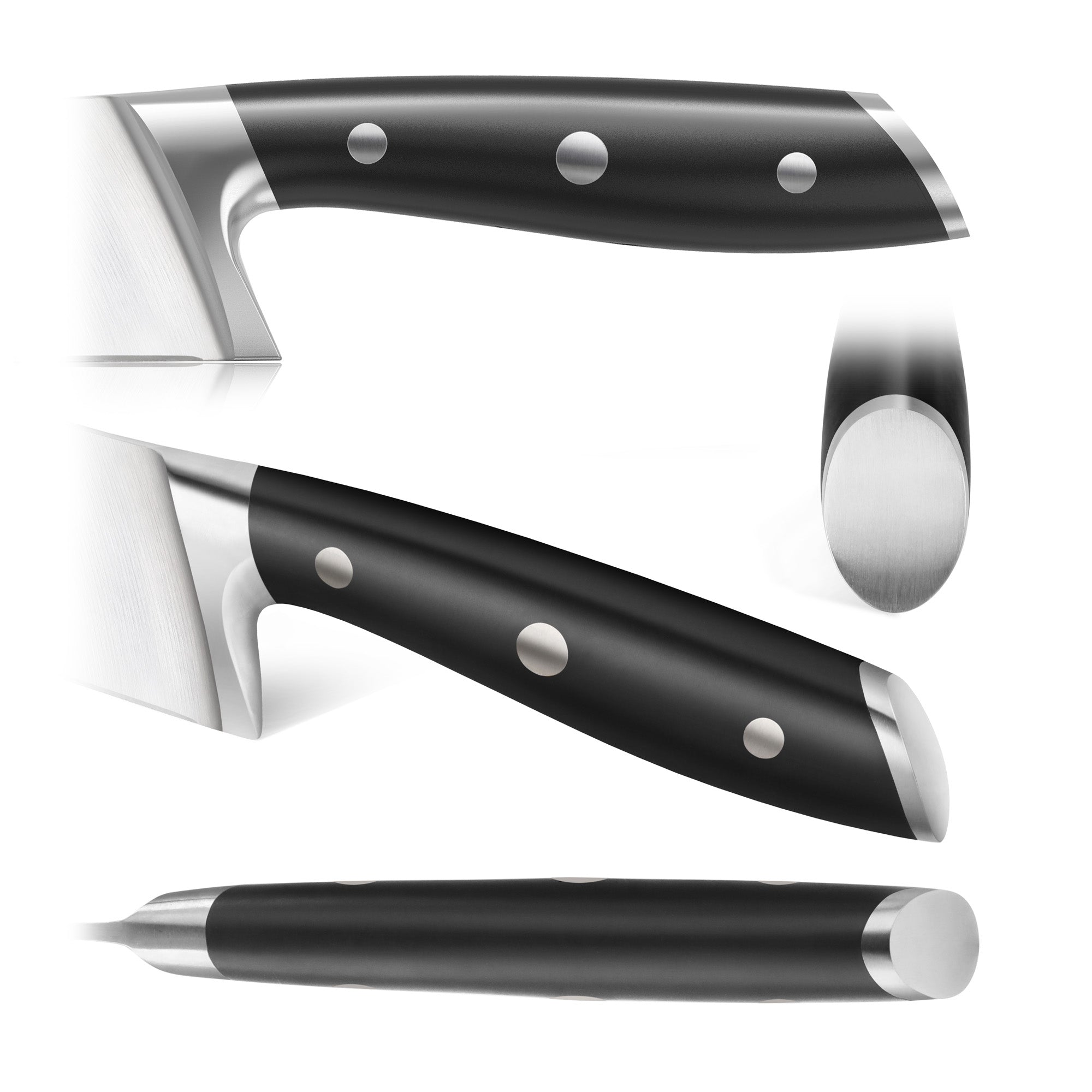 Black steak knife handle with three metal rivets and stainless steel bolster, shown from multiple angles.