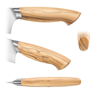 
                    
                      Knife handle made of light-colored HUA maple wood with smooth ergonomic design and stainless steel bolster.
                    
                  