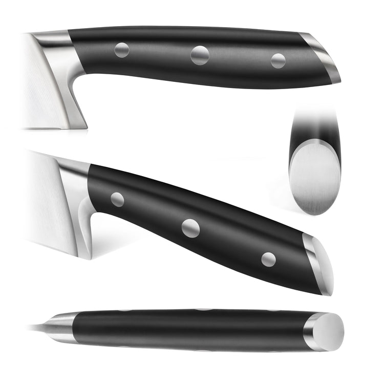 Santoku knife with black handle and three rivets, shown from side, angled, and top views.