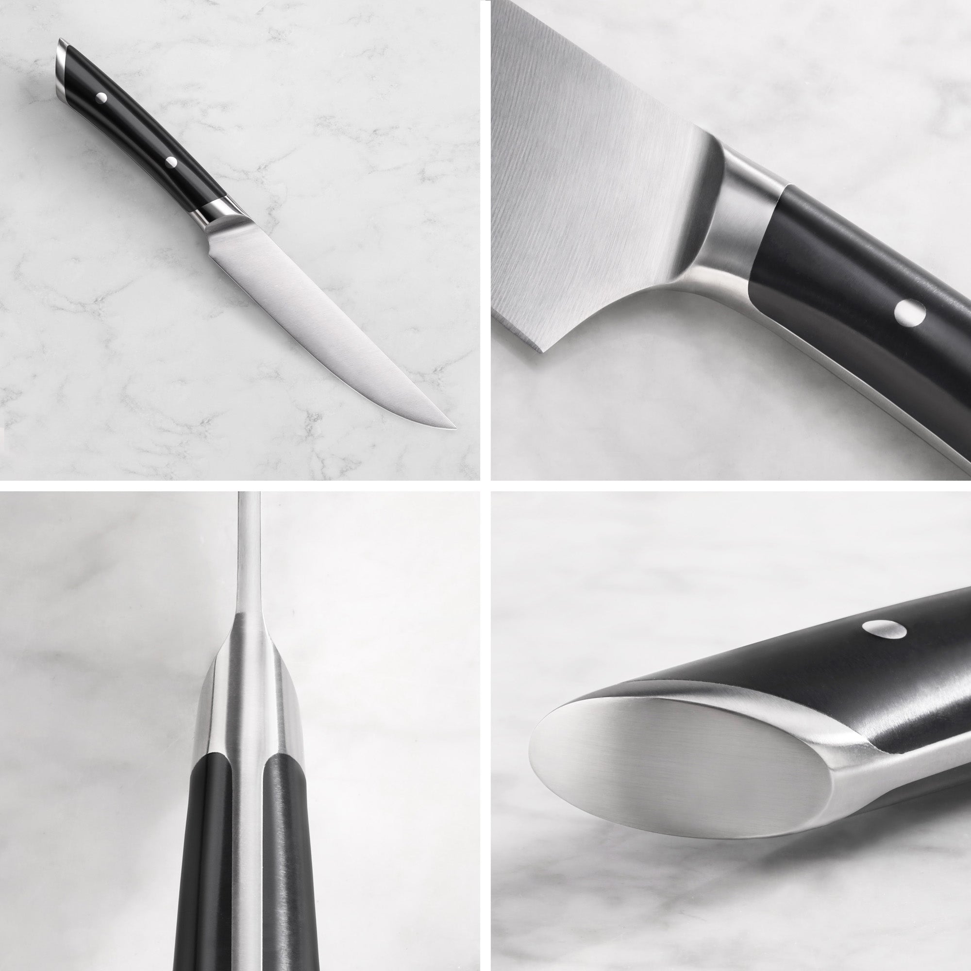Four close-up views of a steak knife showing the full blade, blade-handle junction, blade thickness, and handle end cap.