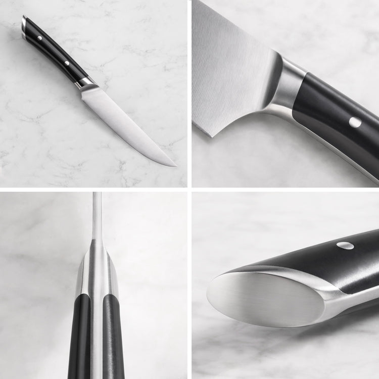 Four close-up views of a steak knife showing the full blade, blade-handle junction, blade thickness, and handle end cap.