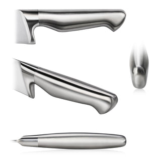 
                    
                      Close-up views of a stainless steel knife handle from three angles: side, top, and end.
                    
                  