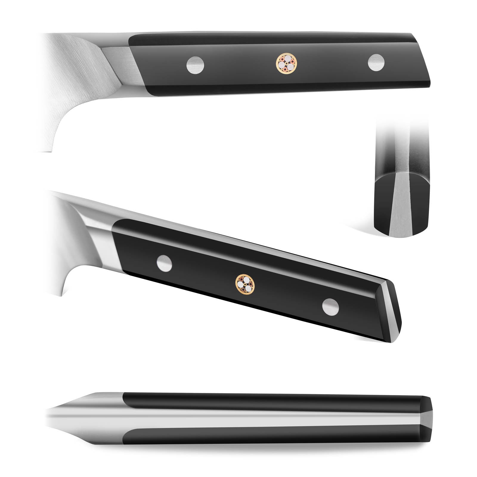 Black handle with three rivets and a small circular emblem on a carving knife from multiple angles.