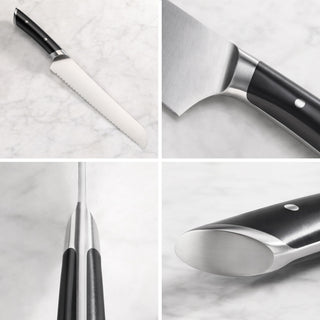 
                    
                      8-inch serrated bread knife with black handle and stainless steel bolster shown from multiple angles on marble surface.
                    
                  