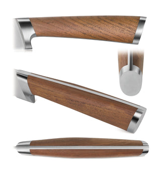 
                    
                      Close-up views of a knife handle with wood grain and metal accents, shown from multiple angles.
                    
                  