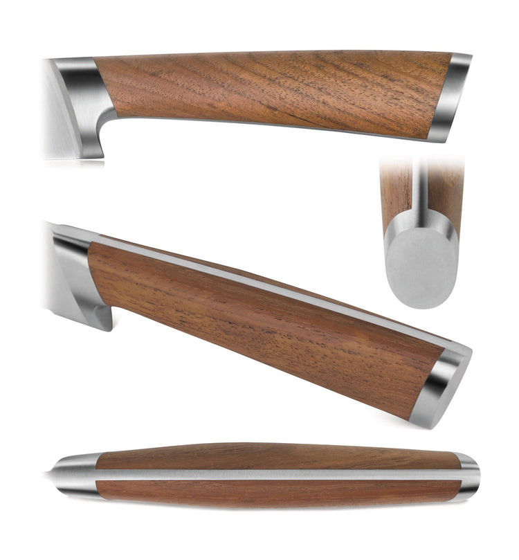 Close-up views of a knife handle with wood grain and metal accents, shown from multiple angles.