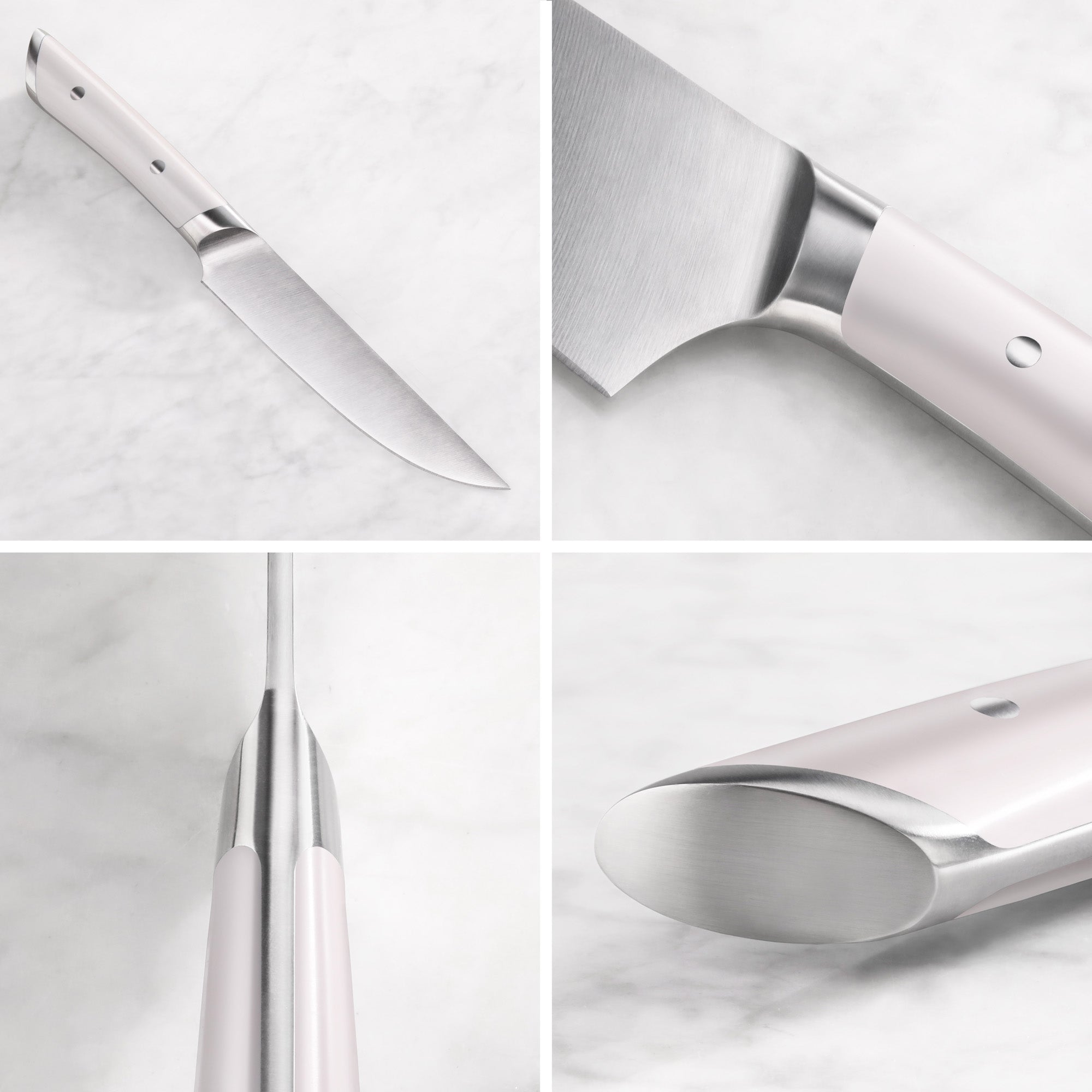 Four close-up views of a steak knife with a white handle and stainless steel blade on a marble surface.