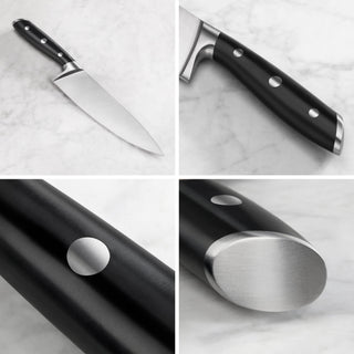 
                    
                      Chef knife with a black handle featuring three metal rivets, shown from multiple close-up angles on a marble surface.
                    
                  
