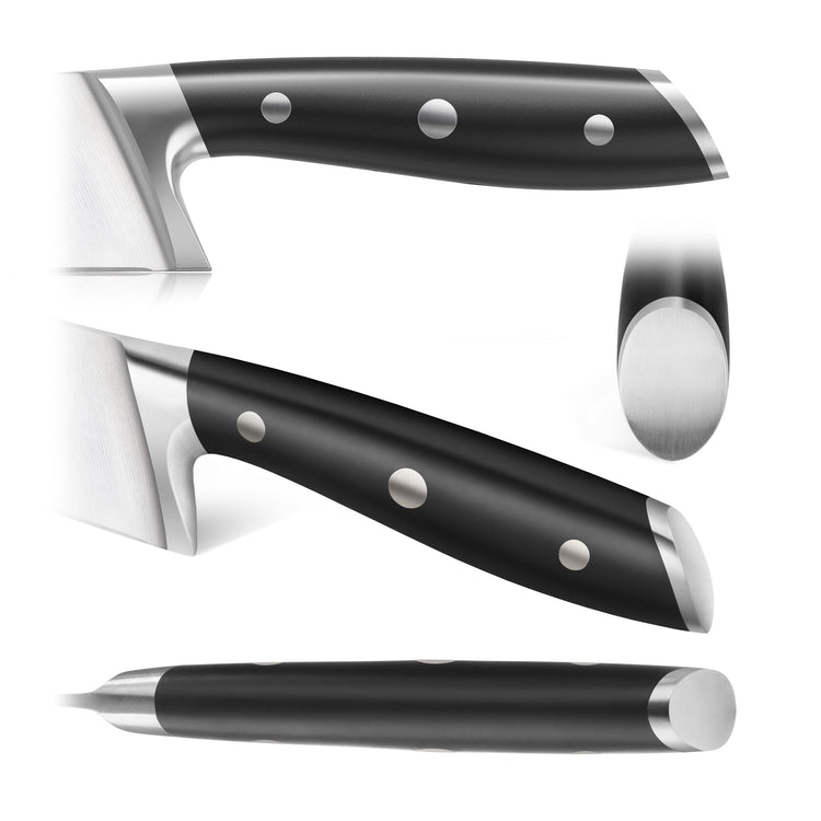 Black utility knife handle with three metal rivets and stainless steel bolster and end cap shown from multiple angles.