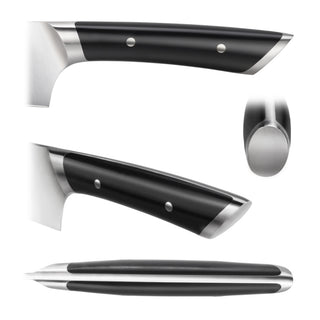 
                    
                      Black ergonomic knife handle with stainless steel bolsters and rivets, shown from multiple angles.
                    
                  