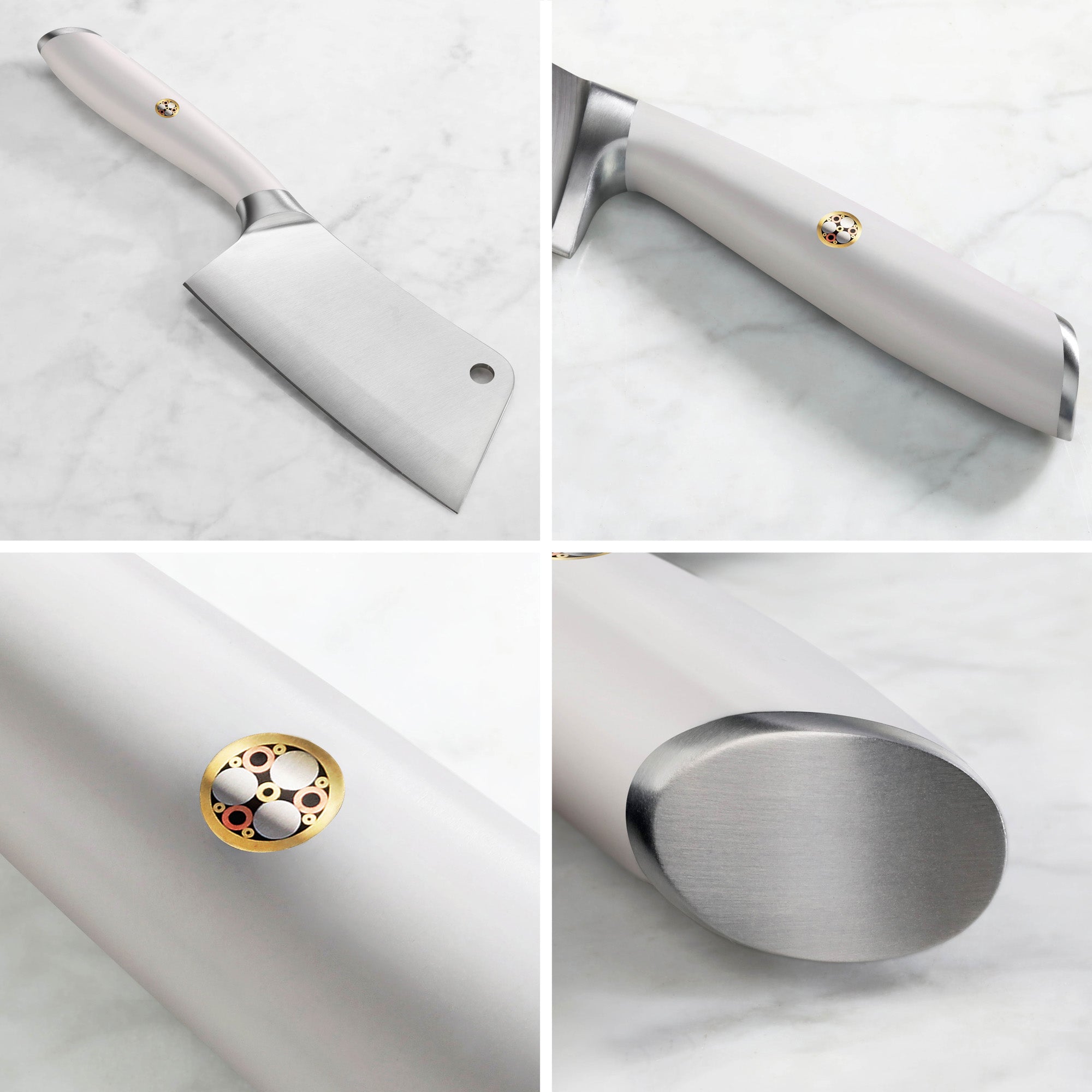 Cleaver knife with matte silver handle featuring a circular emblem and a hole near the blade tip.