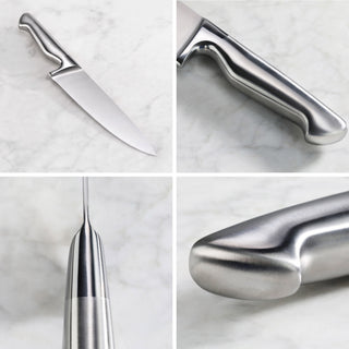 
                    
                      Chef knife with a smooth, ergonomic stainless steel handle shown from multiple close-up angles.
                    
                  