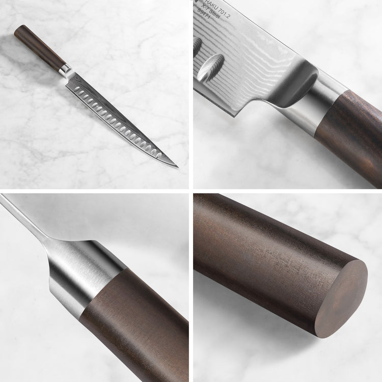 Carving knife with dark wood handle and patterned steel blade shown from multiple close-up angles on a marble surface.